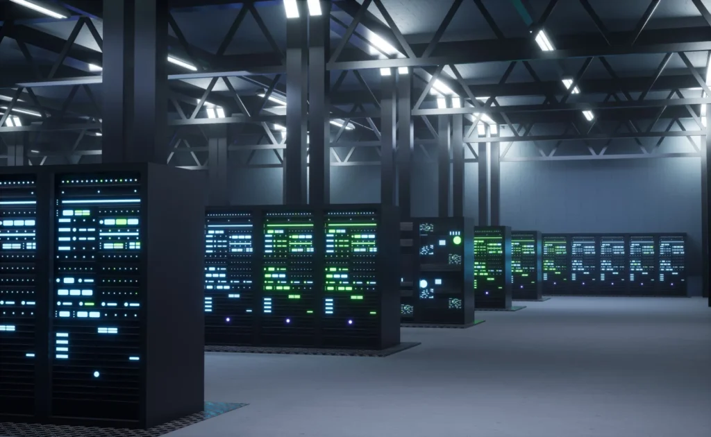 Modern data centre with illuminated server racks, representing cloud and network infrastructure.